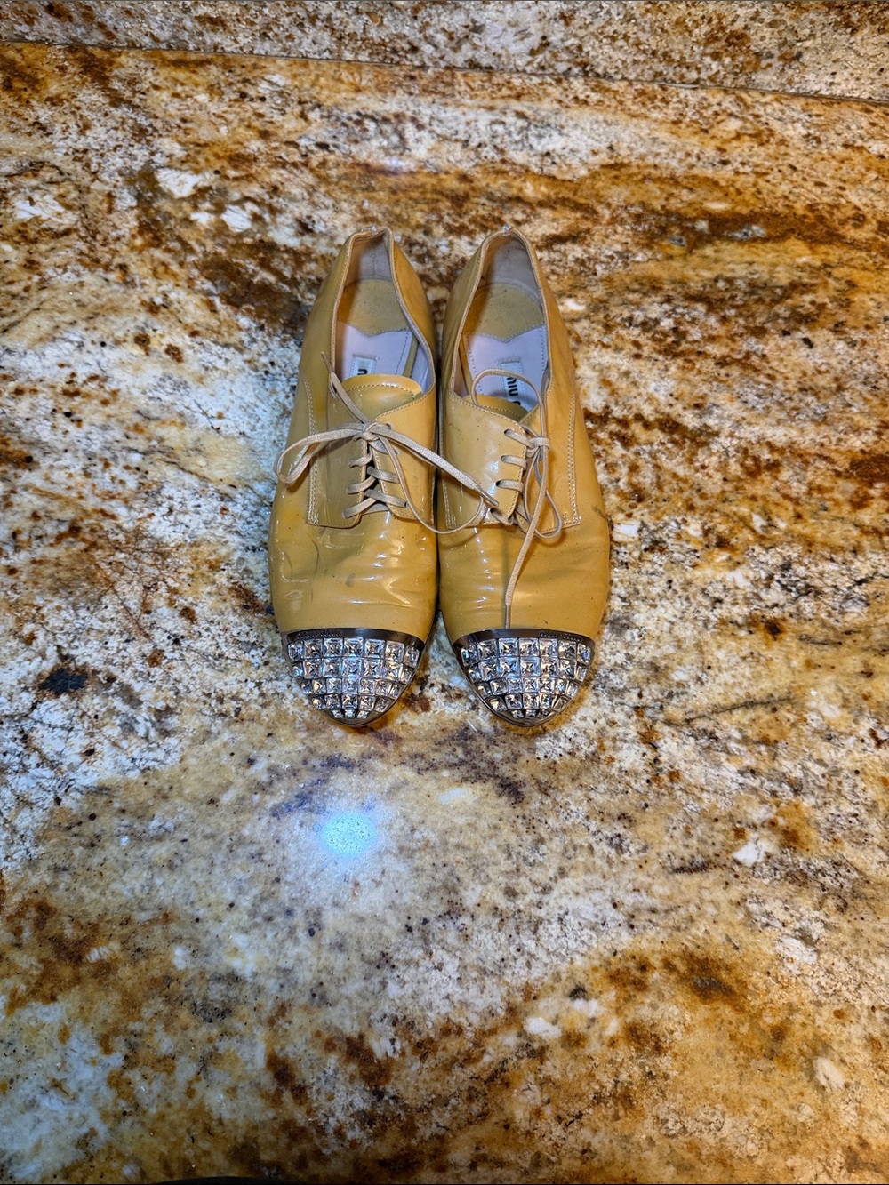 Miu Miu Yellow Girls Lace-Up Shoes with Rhinestone Cap Toes
